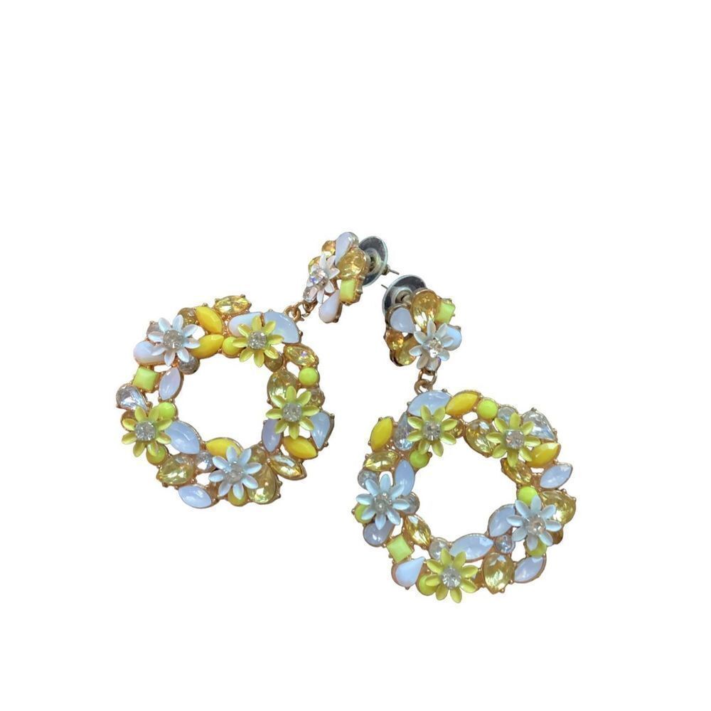 Vintage Yellow and Light Blue Floral Hoop Earrings